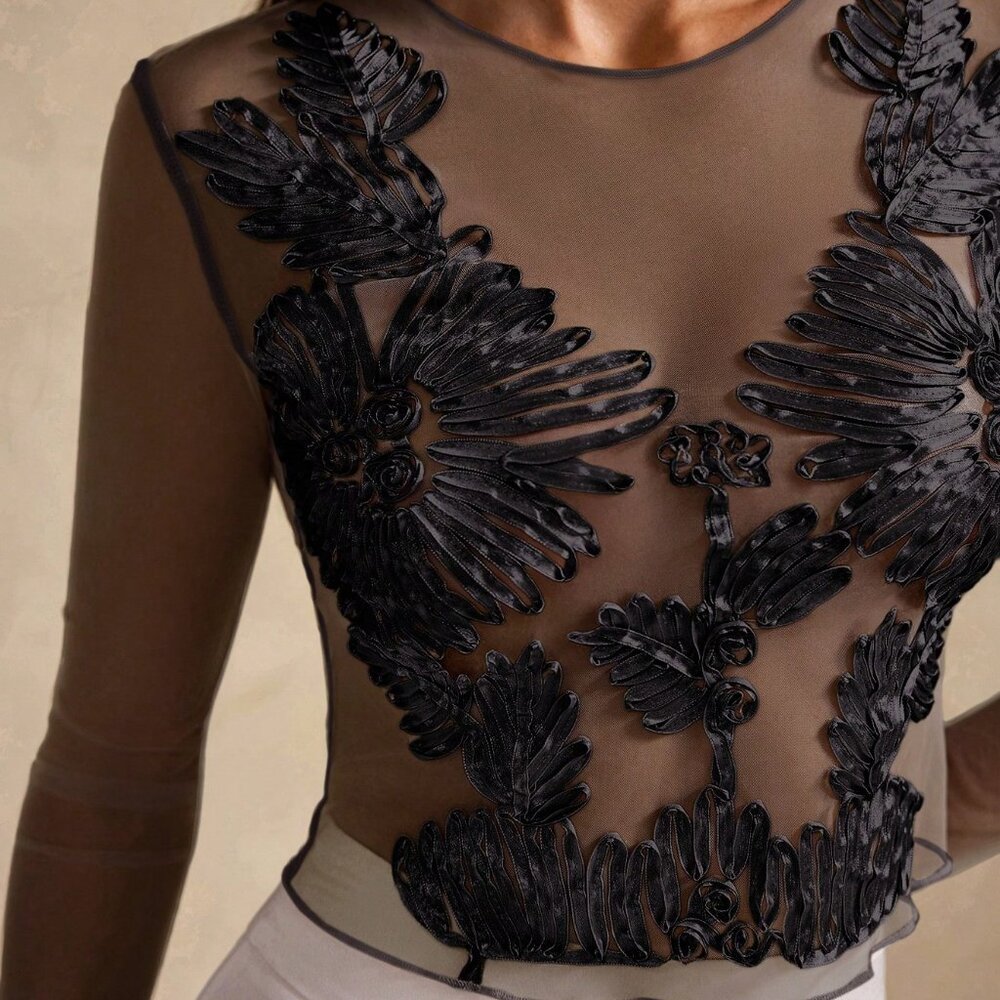 Black Floral Crochet Mesh Embroidery Women's Elegant Long Sleeve Blouse - Picture 3 of 6
